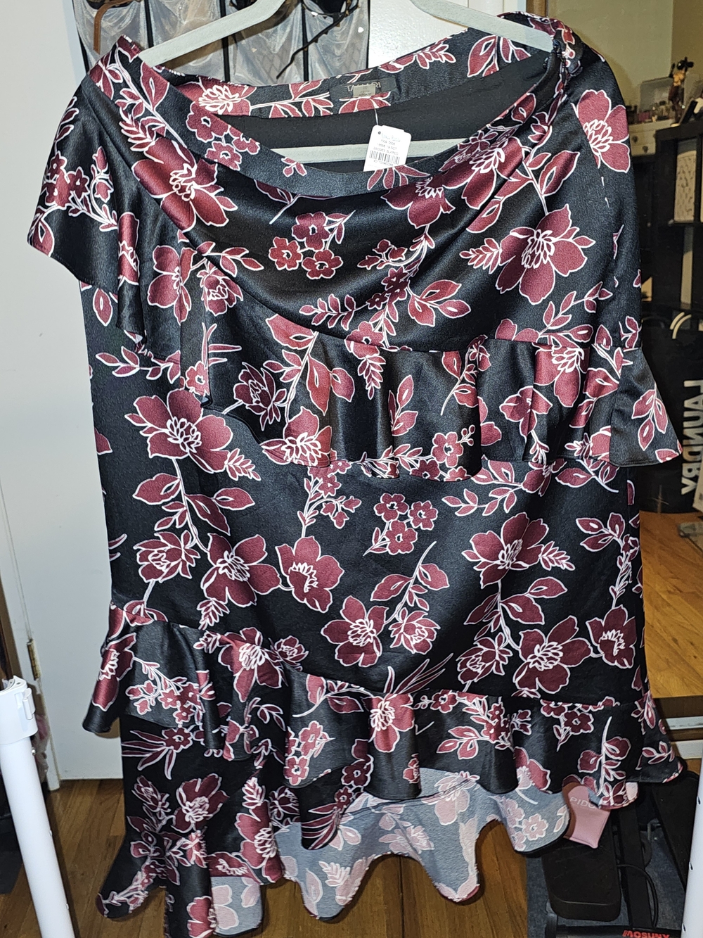 Tahari ASL Black Satin High/Low Skirt with Burgundy Floral Ruffle